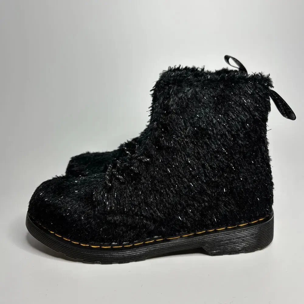 Dr. Martens Junior 1460 Pascal Tinsel Fur Lace Up Boots in Black